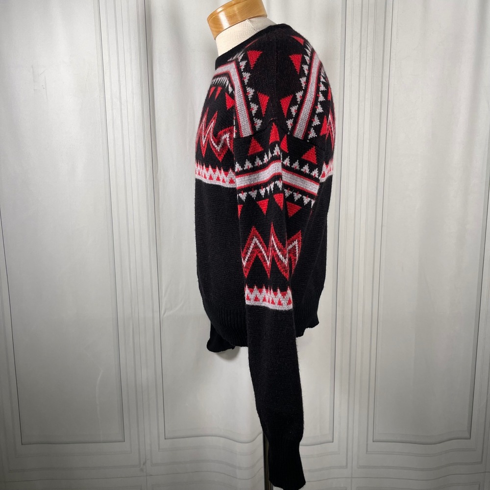 Vintage 80's PROFILE 100% Wool Sweater • Black Red Nordic Ski Geometric Knit • L - Picture 9 of 14